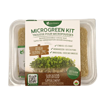 a clear package containing micro green kit biodegradable grow mat alfalfa micro green with the package resting on a white background