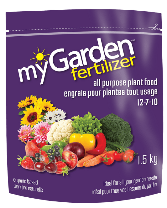 A package of myGarden brand all-purpose organic fertilizer, featuring images of various fruits and vegetables and a sunflower on the front.