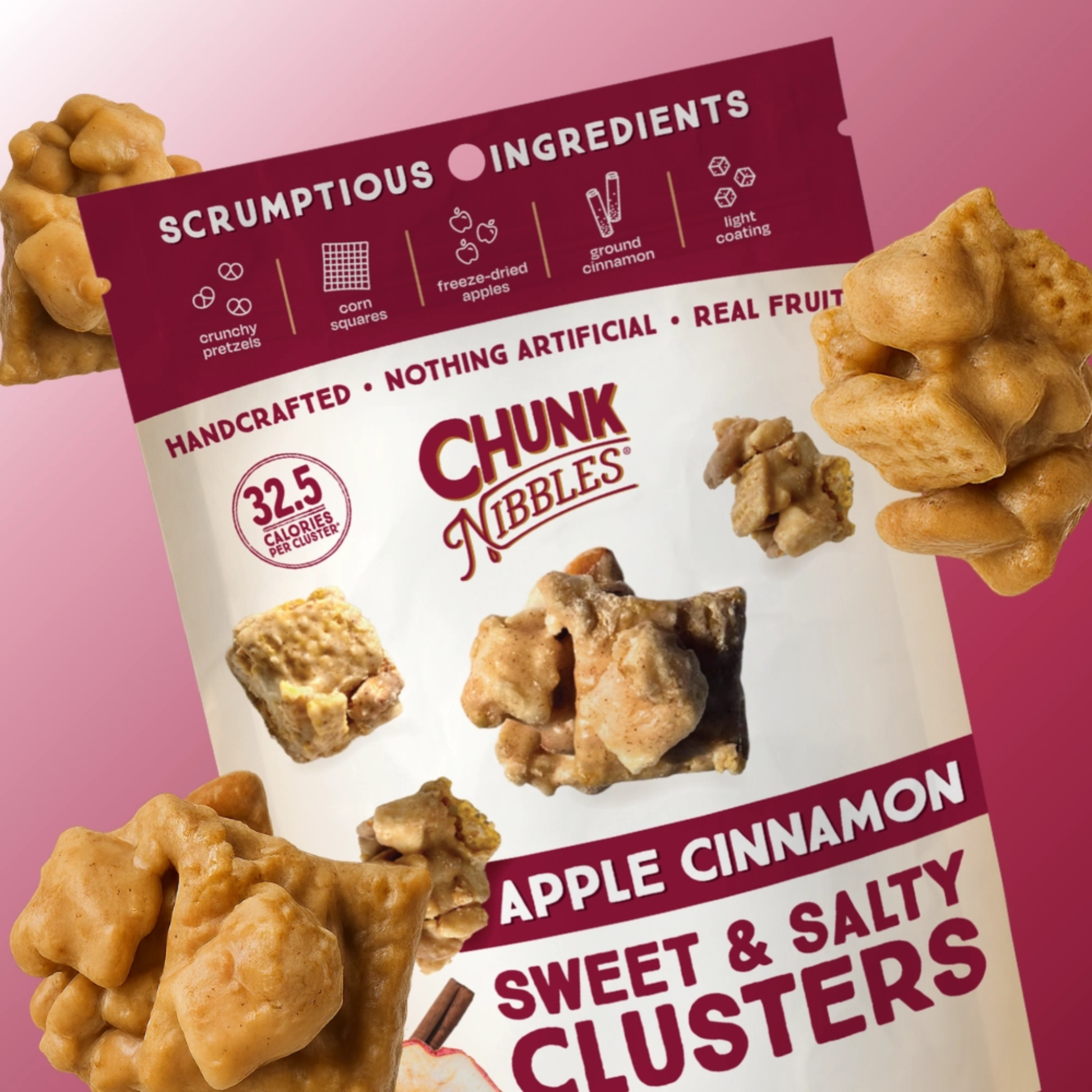 a bag of apple cinnamon sweet and salty clusters against a purple background