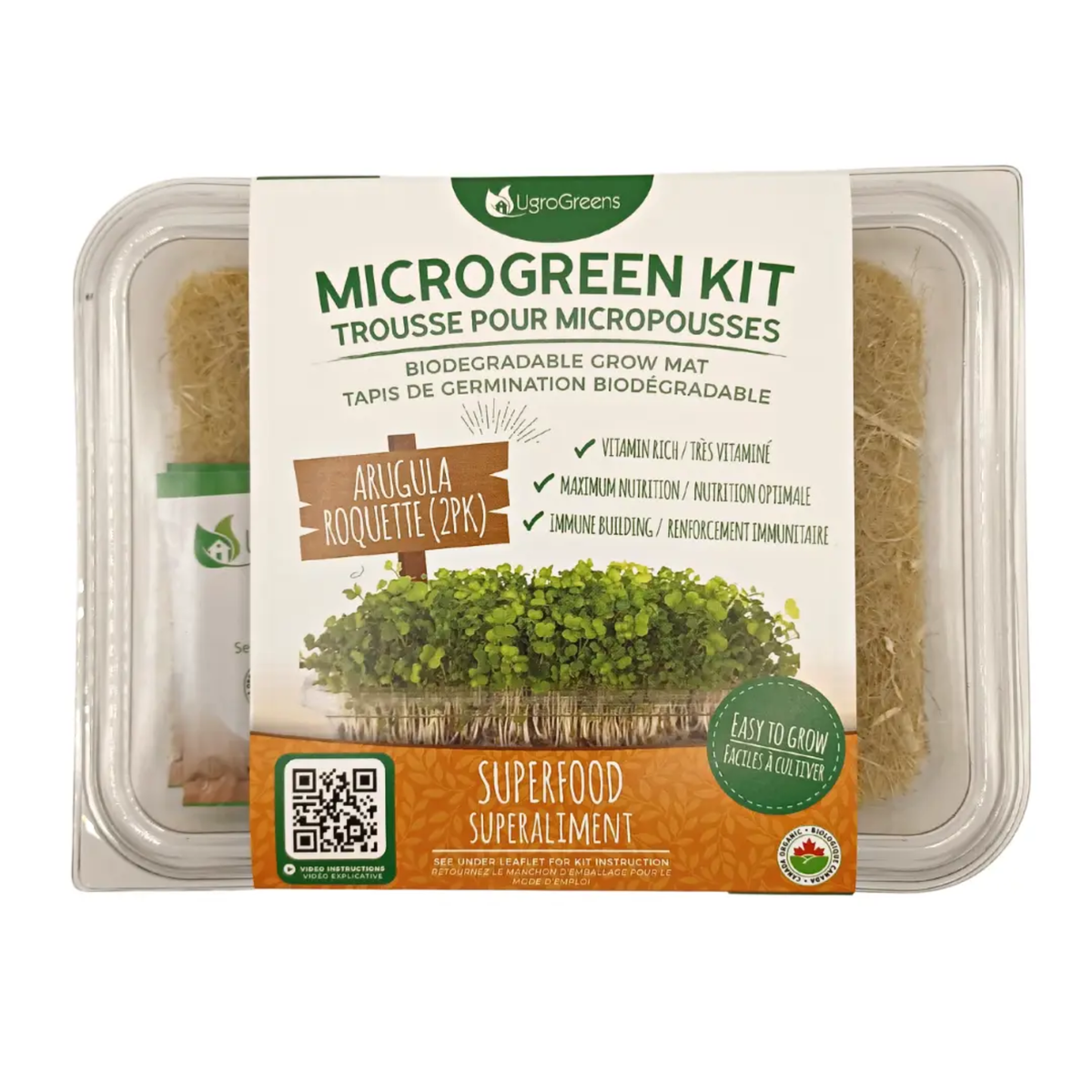 a clear package labeled micro green kit biodegradable grow mat arugula micro green resting on a white surface