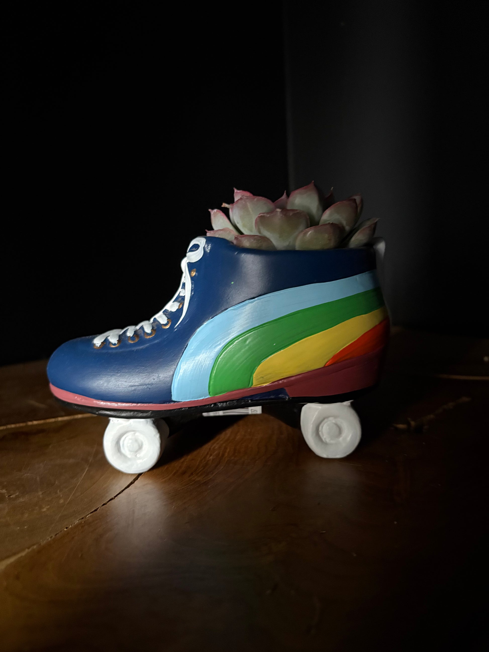 Colorful roller skate ceramic planter with rainbow design on a wooden surface