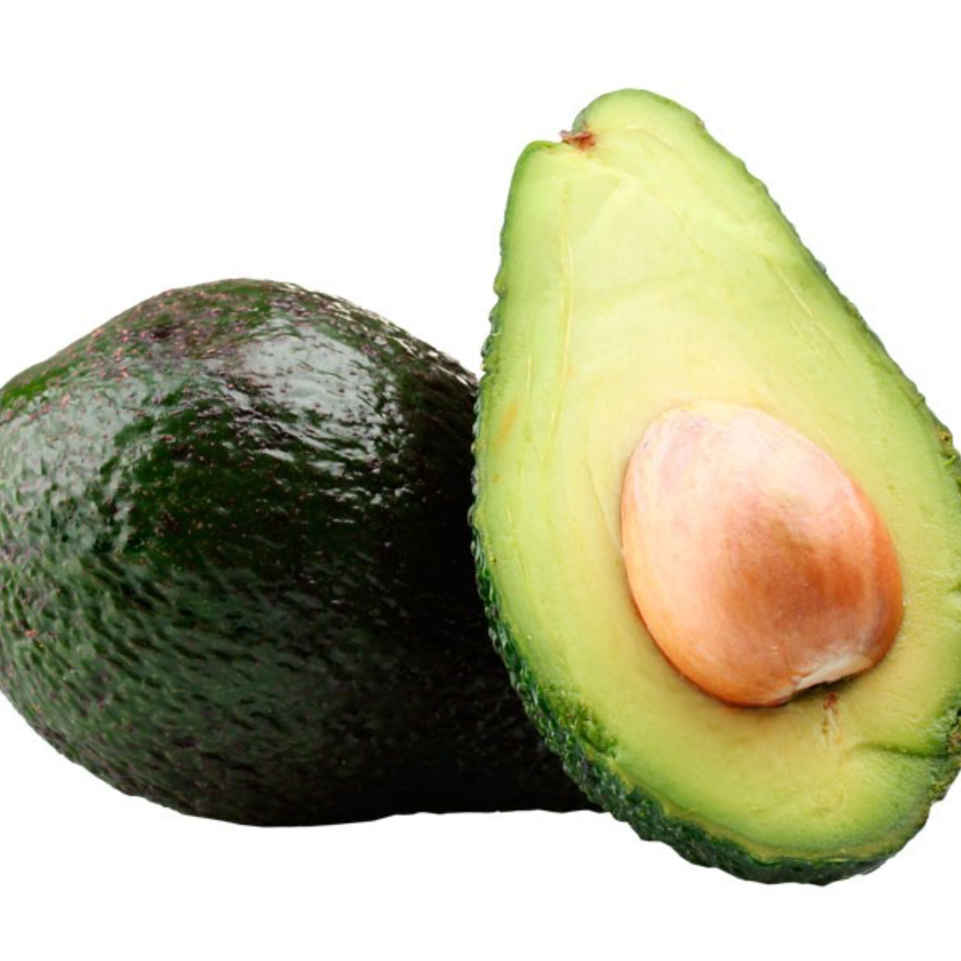 two avocados one whole and one cut open against a white background