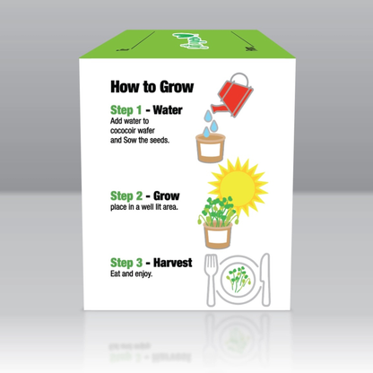 the back of the microgreen gift box that explains how to grow your microgreen gift, including how to water, what sunlight it requires and how to harvest