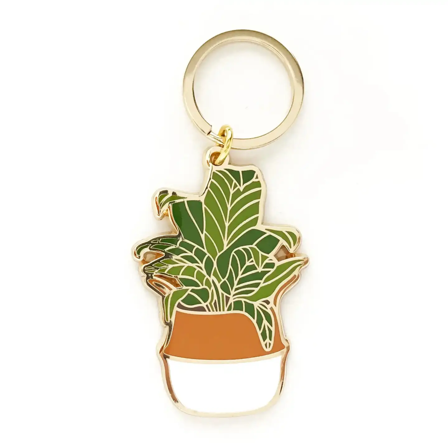 a banana leaf plant keychain with a plant in a white and orange ot on a white background