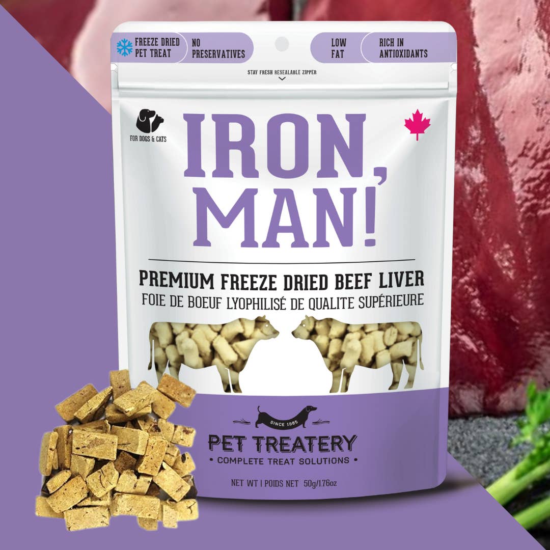 Packaging of 'Iron, Man! Premium Freeze-Dried Beef Liver' pet treats with an image of the product and a couple of cows. The treats are described as 'Low Fat' and 'Antibiotic Free'.