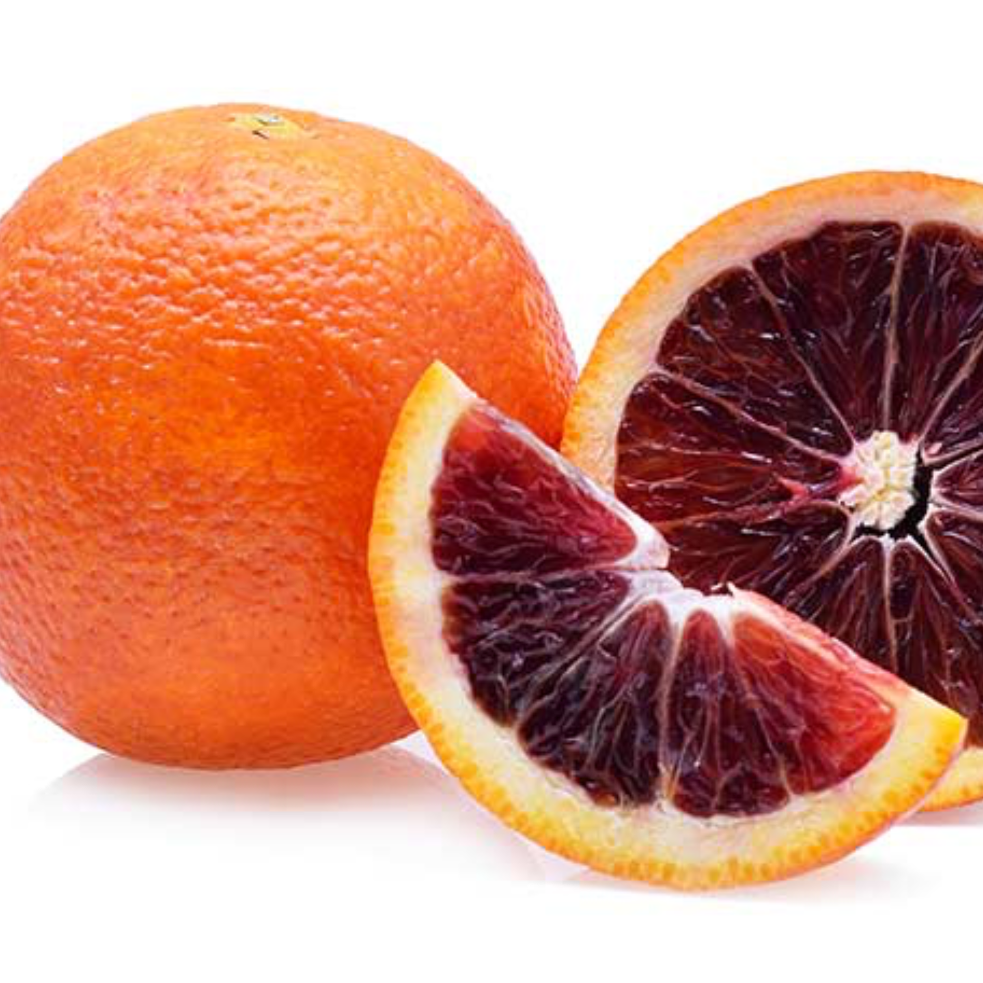 a full blood orange next to one cut in half and a slice with a white background