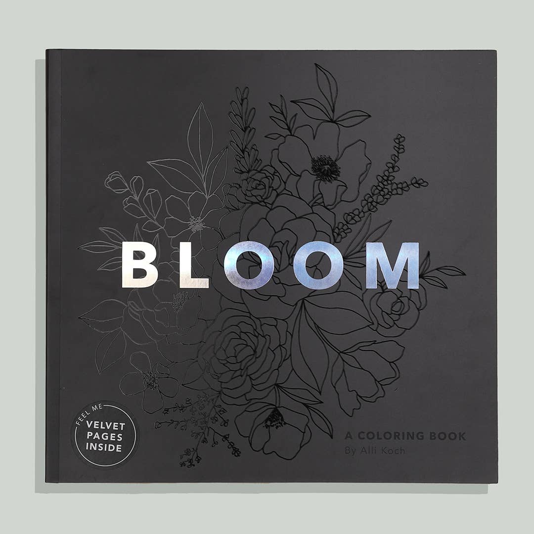 black colouring book with flower details and the word bloom with a white background