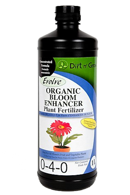 Bottle of Dirt n Grub Evolve Organic Bloom Enhancer Plant Fertilizer on a white background