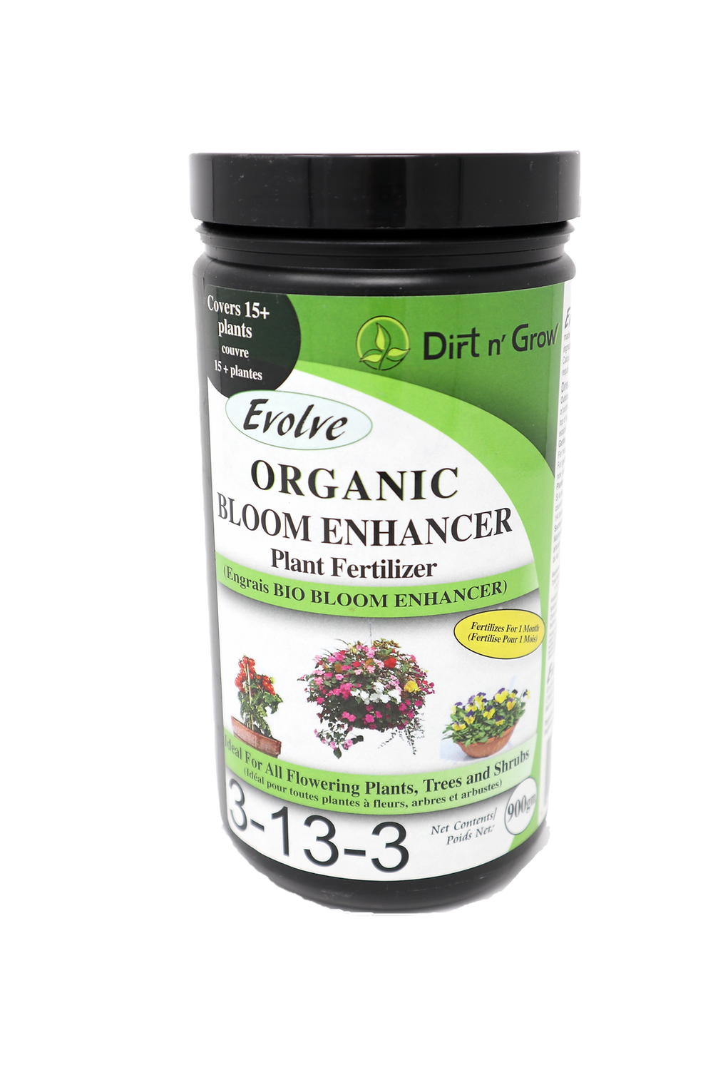 Organic bloom enhancer plant fertilizer container with green label on a white background