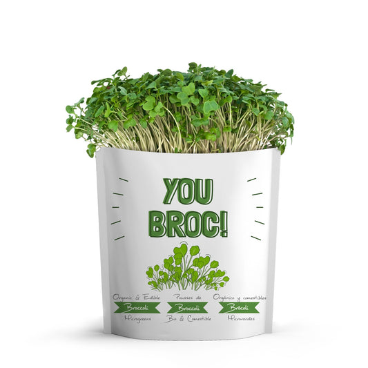 a white bag like package that says you broc with broccoli micro green growing from the top against a white background