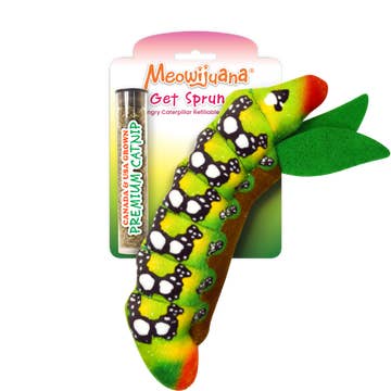 A refillable catnip toy shaped like a caterpillar with a compartment for refilling, packaged on a pink and green cardboard backing.