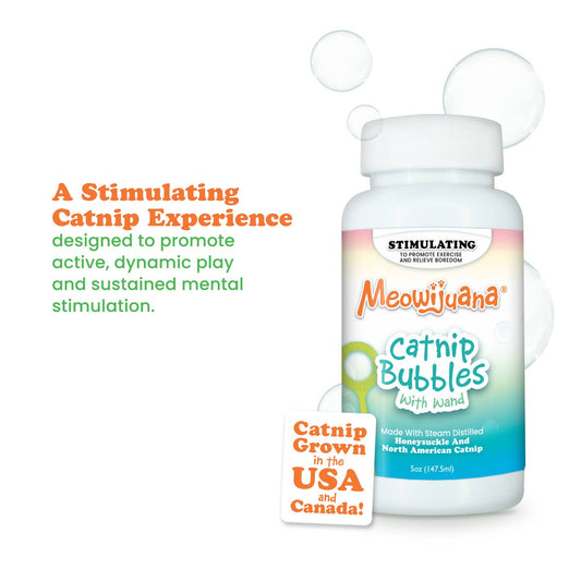 a bottle of meowijuana catnip bubbles against white background
