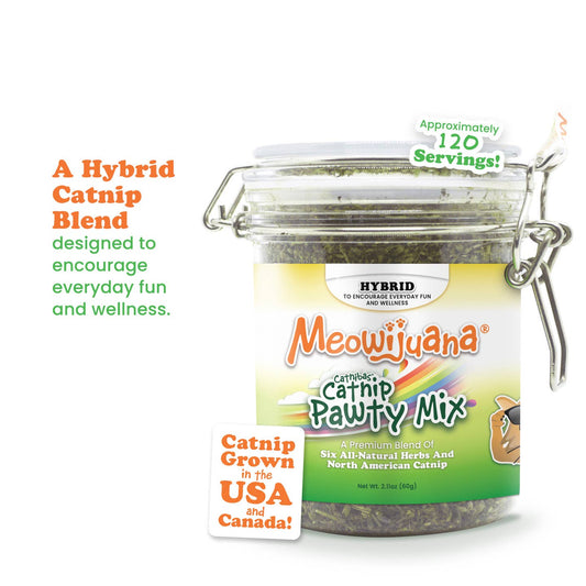 A jar of Meowijuana Catnip Pawty Mix, featuring a label with product details and a tag indicating that it's a hybrid catnip blend. The jar is sealed with a clasp closure and has a green and yellow color scheme.