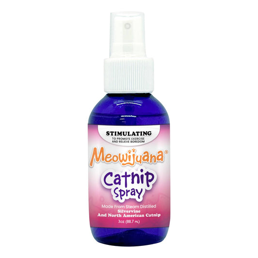 A bottle of Meowijuana Catnip Spray with a blue label and a white spray nozzle.