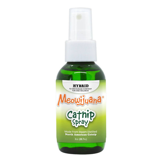 A bottle of Meow Cannabis Catnip Spray with a green label and white spray nozzle.