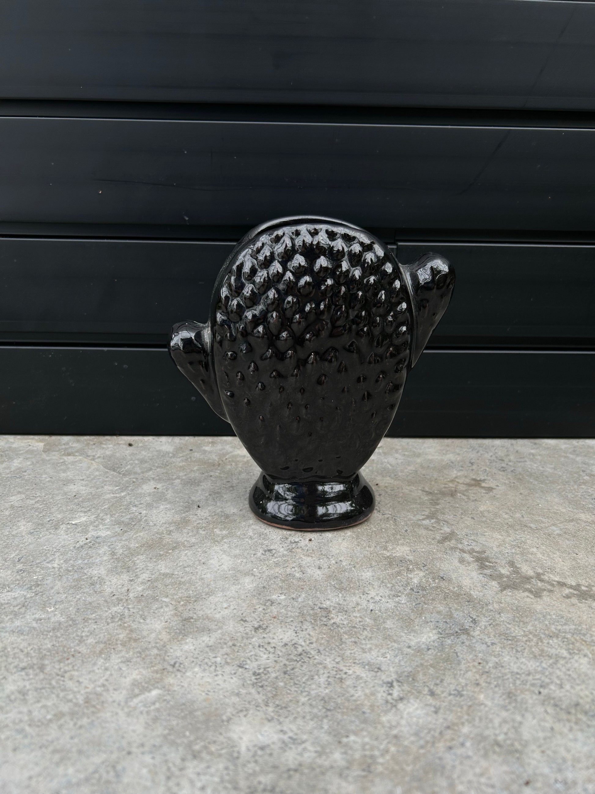 shiny black ceramic pot shaped like a cactus on concrete floor a=with black background