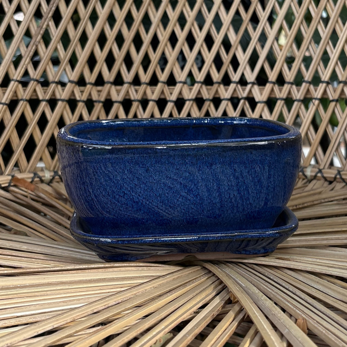 a small blue glossy rectangle shaped Chinese ceramic pot with a drip tray resting on a wicker chair