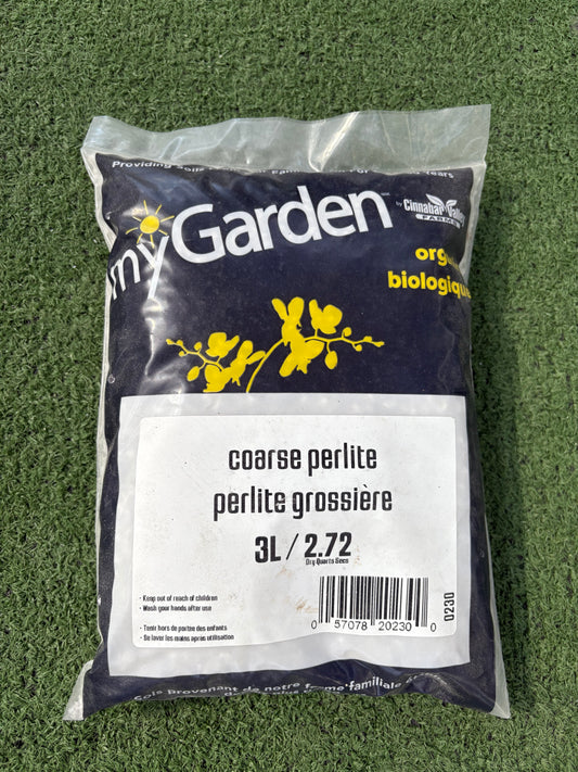Bag of garden perlite with branding and product details on a green background