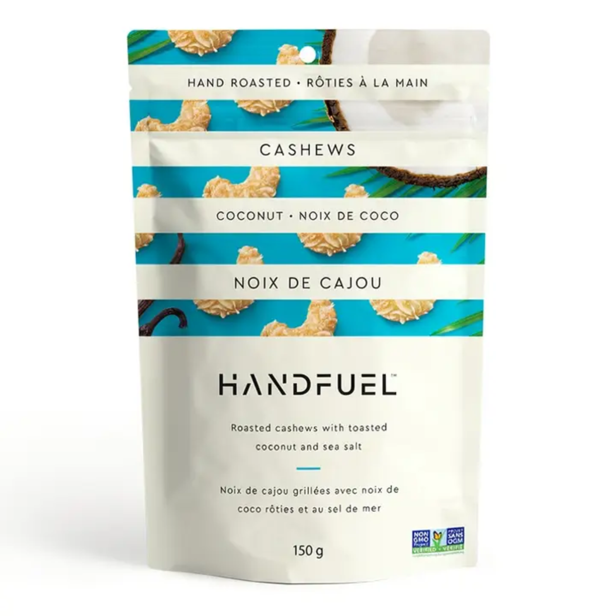 a bag of handfeul hand roasted coconut cashews with an image of a coconut and many cashews against a white background