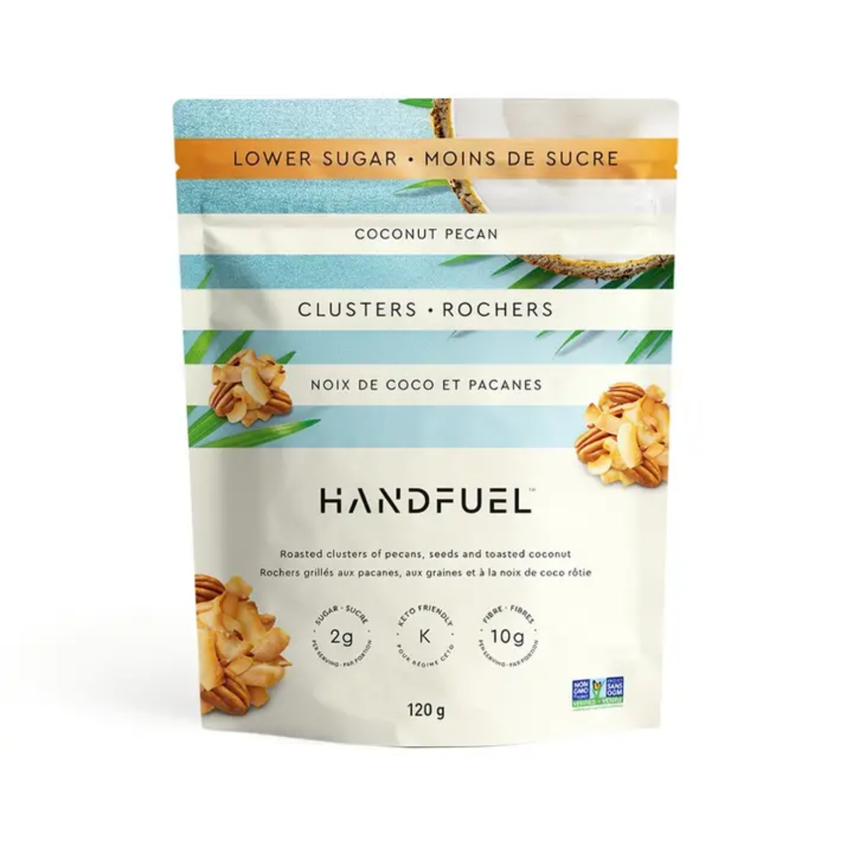 a bag of handfeul lower sugar coconut pecan clusters with an image of a coconut half and the pecan clusters against a white background