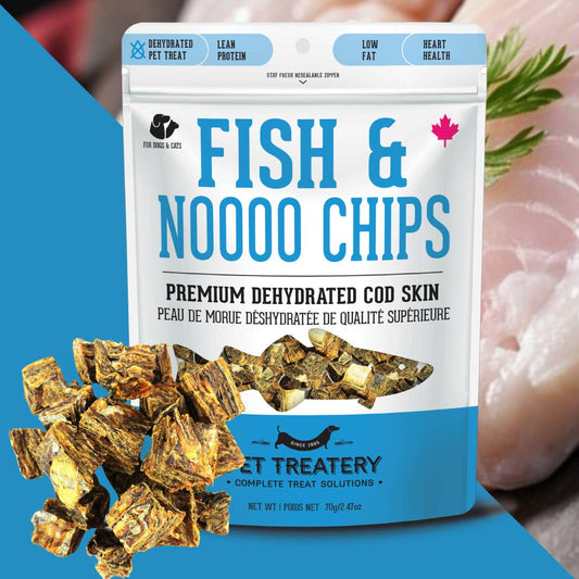A package of 'NOOO CHIPS' which are premium dehydrated cod skin pet treats, alongside raw cod fish and a piece of the treats visible outside the package.