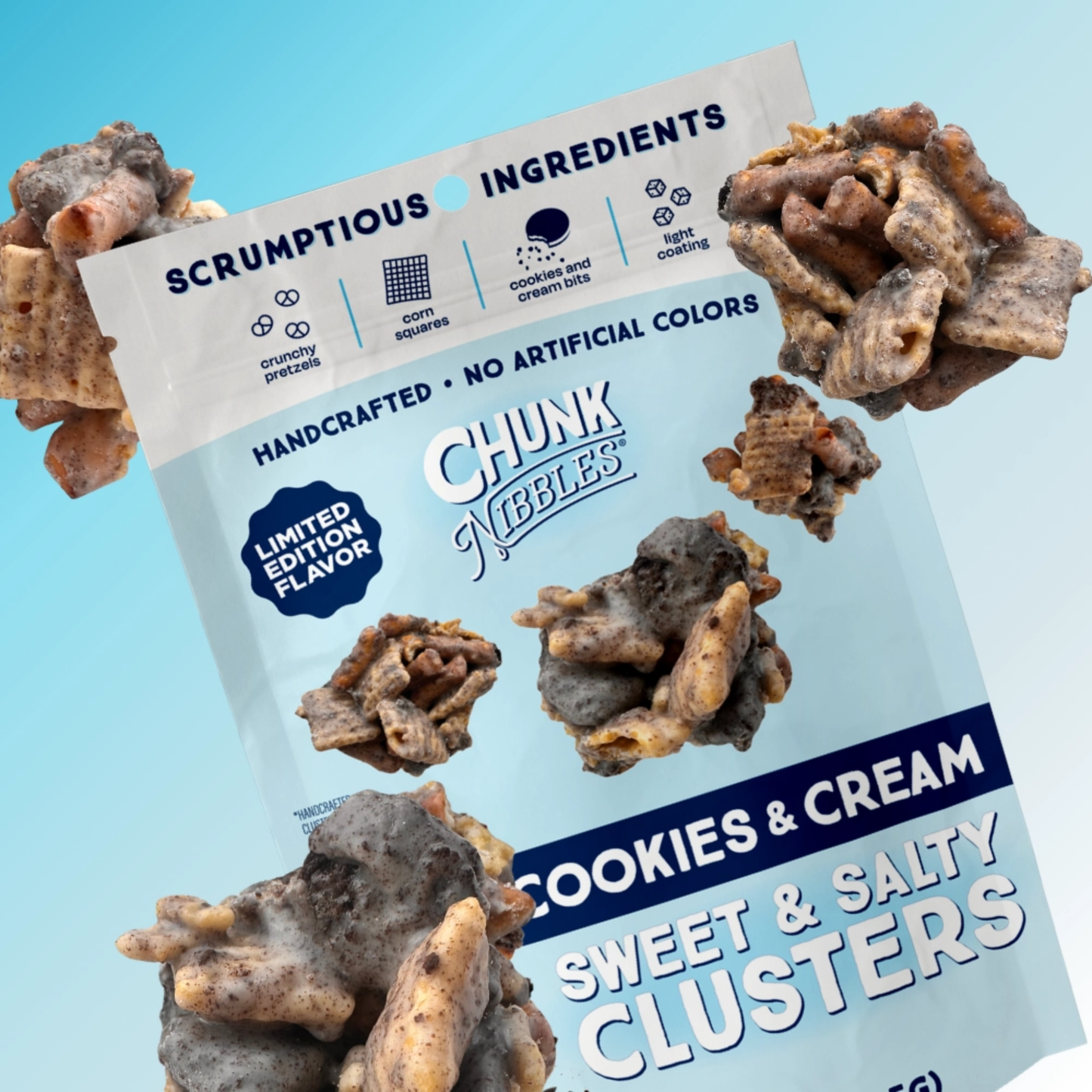 a bag of cookies and cream chunk nibbles sweet and salty clusters against a blue background