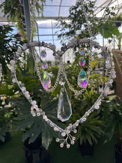 decorative heart shaped sun catcher with grey and white beading 