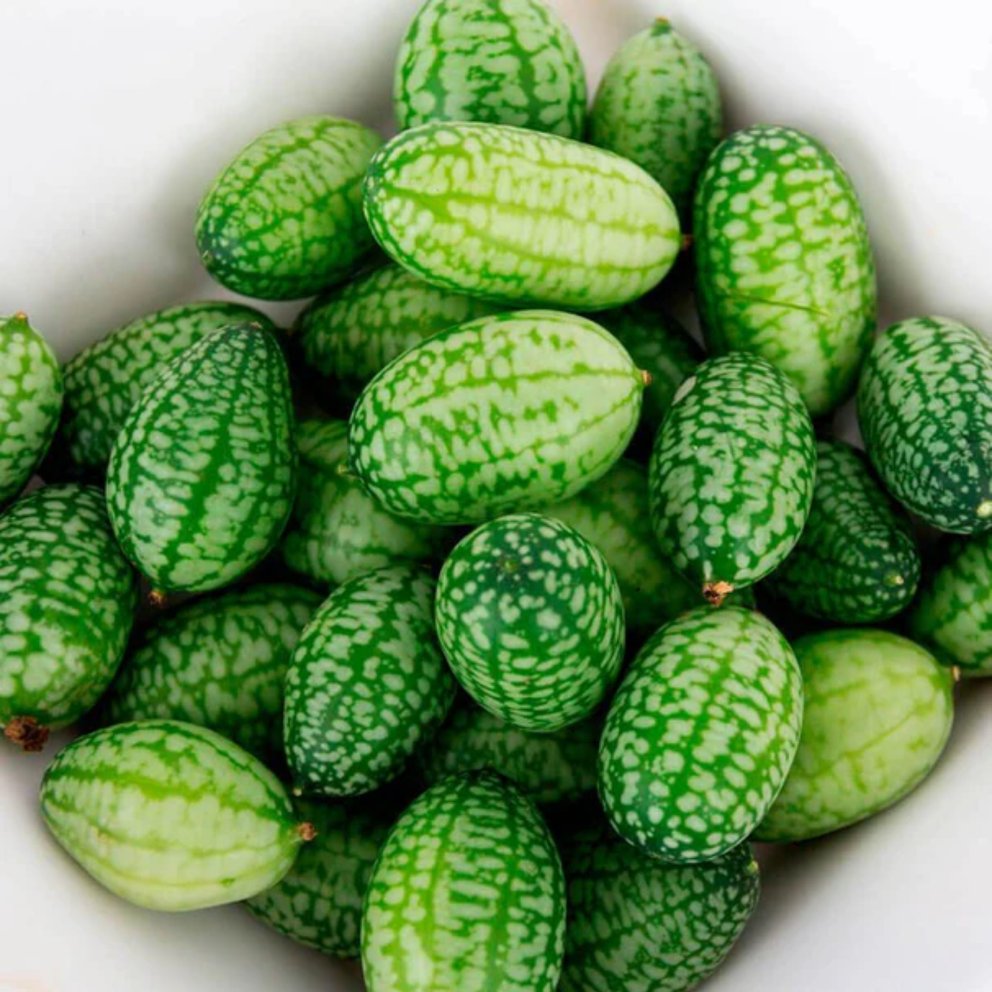 a pile of bright green and white cucamelons in a white bowl