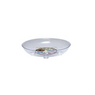 Curtis Wagner clear designer heavy plant saucer holding a large green plant pot on hardwood floor