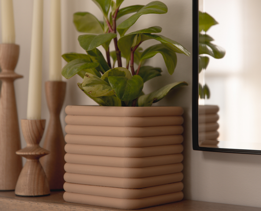 A beige, geometric-patterned Cypress Pot with a plant inside, placed on a wooden surface with a mirror in the background.