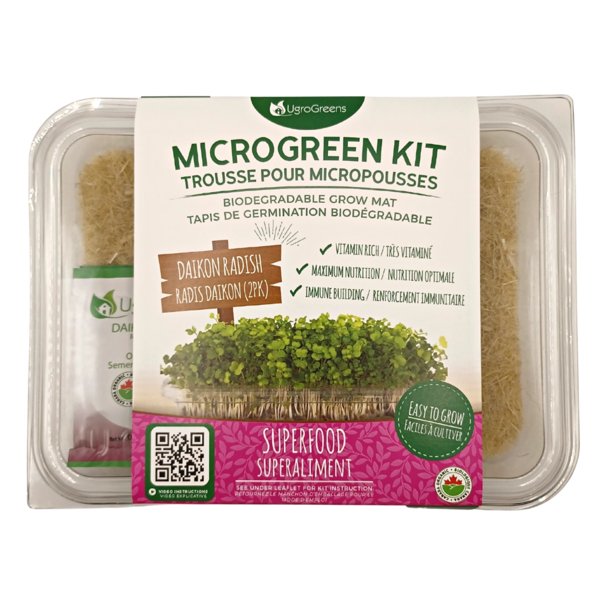 a clear package labeled micro green kit biodegradable grow mat containing daikon radish micro greens with the package resting on the white background