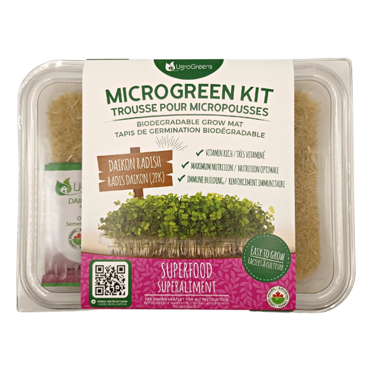a clear package labeled micro green kit biodegradable grow mat containing daikon radish micro greens with the package resting on the white background
