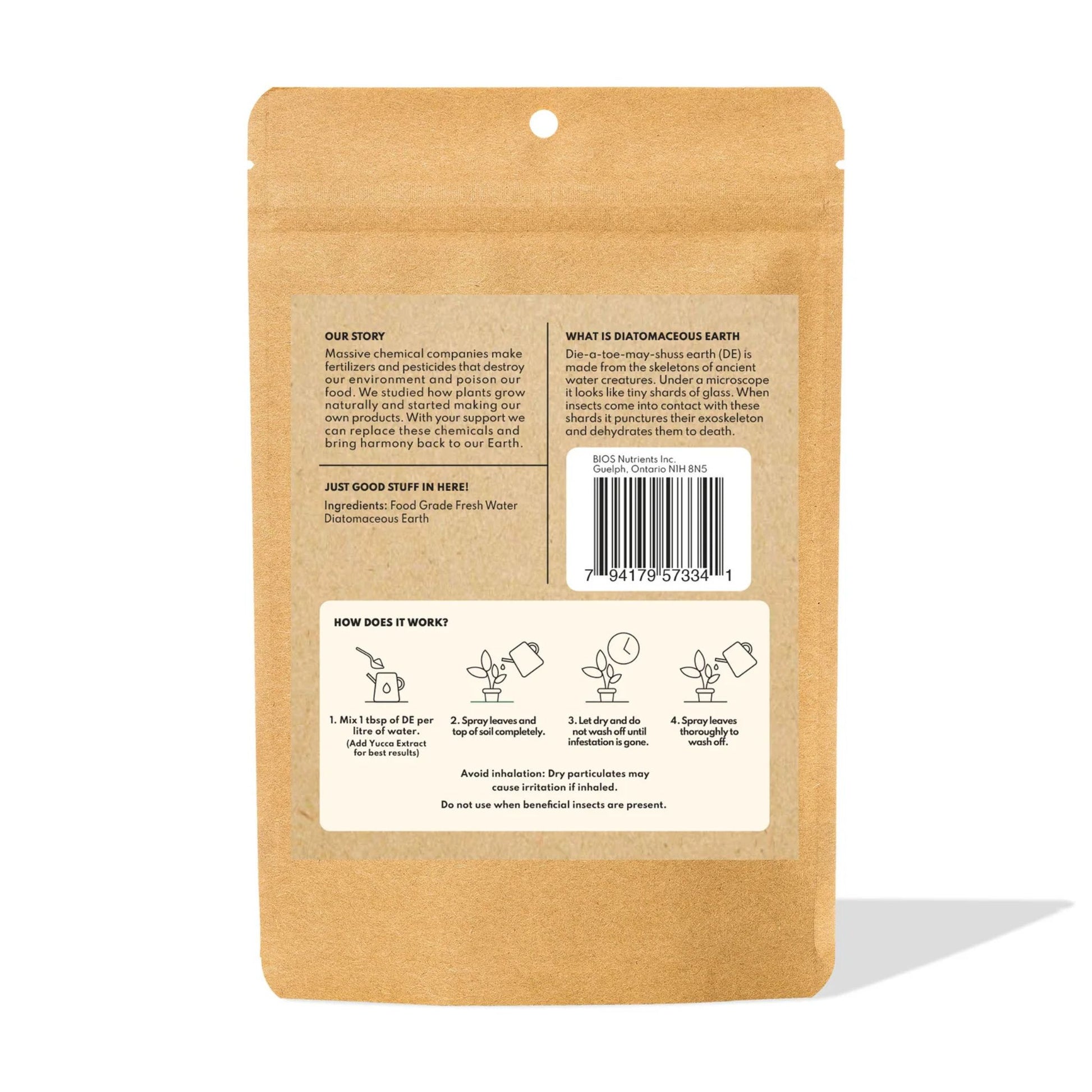 Kraft paper packaging with diatomaceous earth product information on a white background