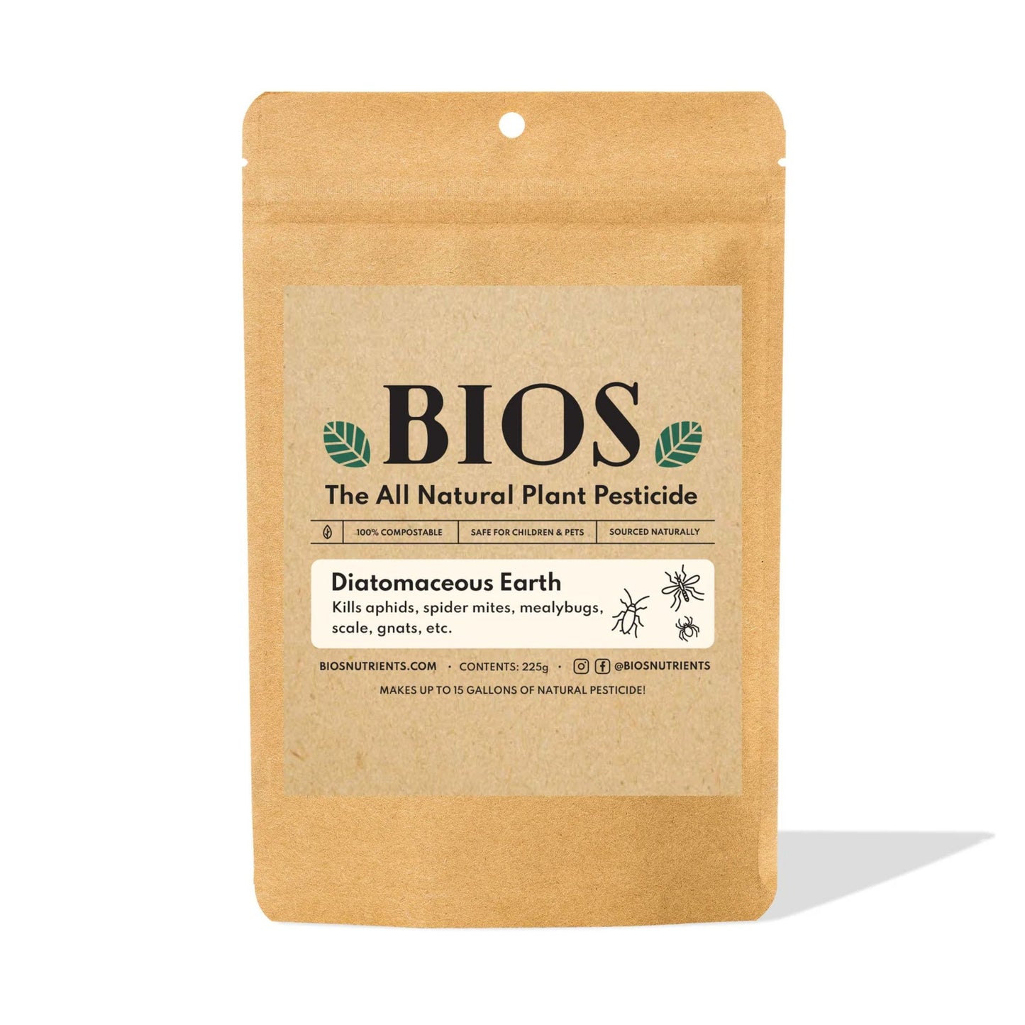 Kraft paper package of BIOS all natural plant diatomaceous earth pesticide on a white background