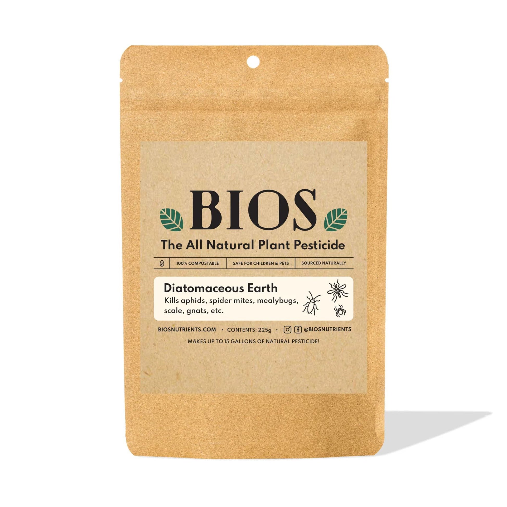 Kraft paper package of BIOS all natural plant diatomaceous earth pesticide on a white background
