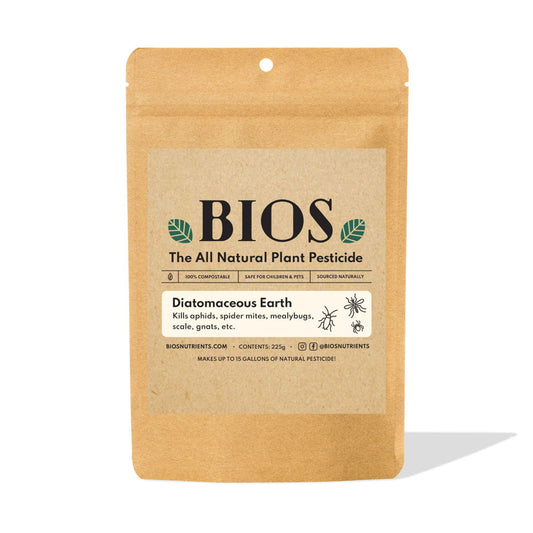 Kraft paper package of BIOS all natural plant diatomaceous earth pesticide on a white background