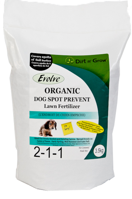 Bag of Evolve Organic Dog Spot Prevent Lawn Fertilizer with branding on a white background