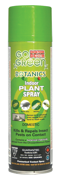 A can of Go Green Botanics Indoor Plant Spray, 515g, with a green label featuring an illustration of a plant and text detailing the product's use for domestic plant care.