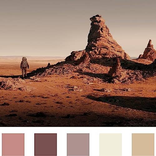 a terracotta toned outdoor landscape with neutral toned coloured squares underneith