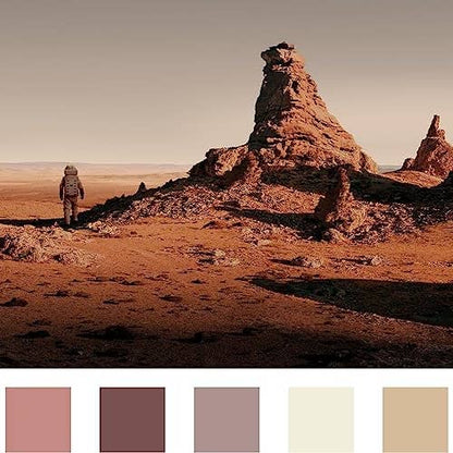 a terracotta toned outdoor landscape with neutral toned coloured squares underneith