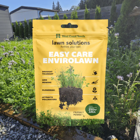 a yellow bag of lawn solutions easy care envirolawn with a garden background