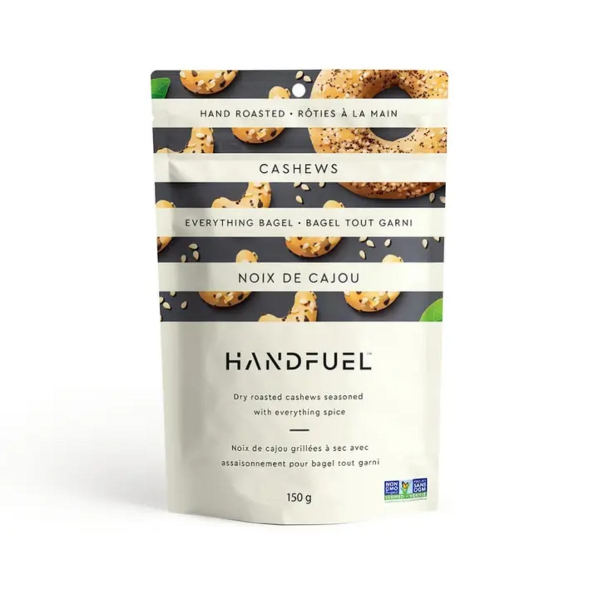 a bag of handfeul hand roasted everything bagel cashews with an image of an everything bagels and cashews against a white background