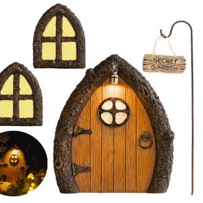 A collection of images showing a fairy door with light and windows. The main image features the door with a wooden texture.