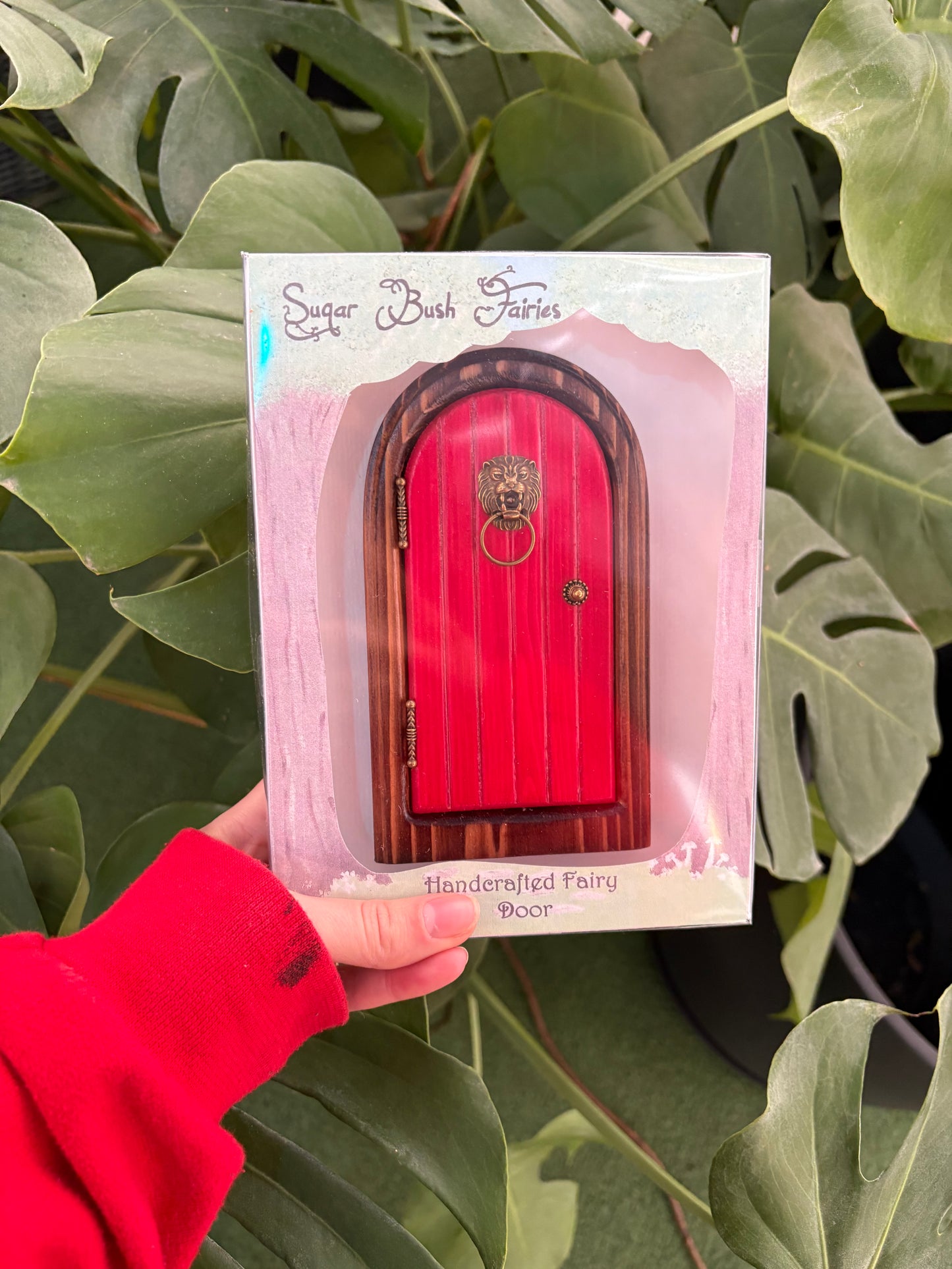 hand holding red fairy door with gold embellishments surrounded by plants 