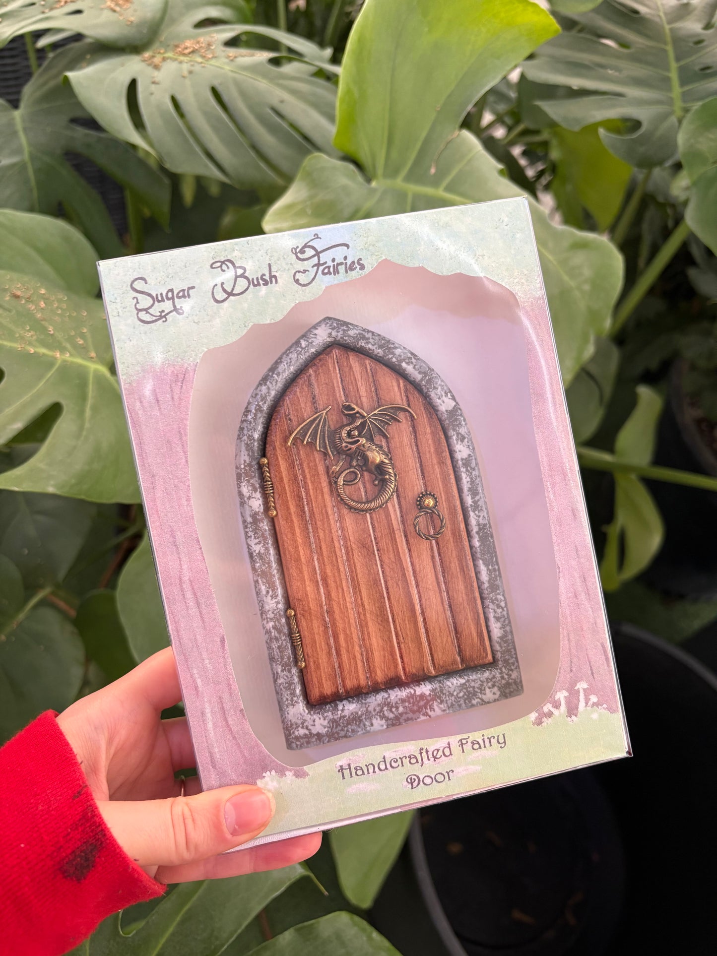 hand holding a wooden fairy door with a gold dragon on it surrounded by plants