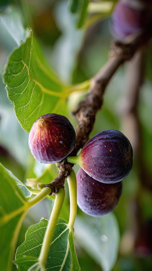 close up of deep purple fig fruits hanging on a fig tree with a blurred background 