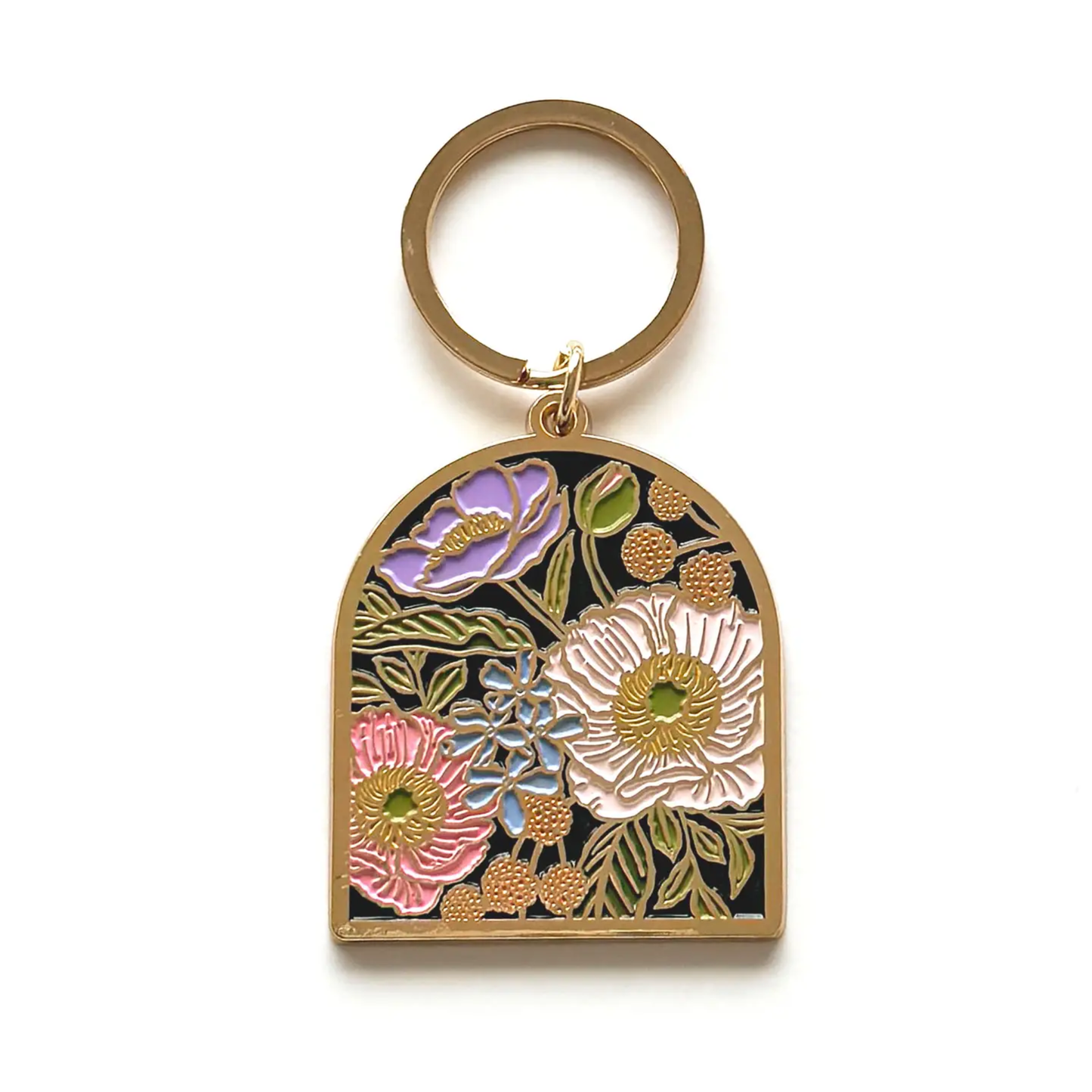 Floral keychain with gold accents on a white background