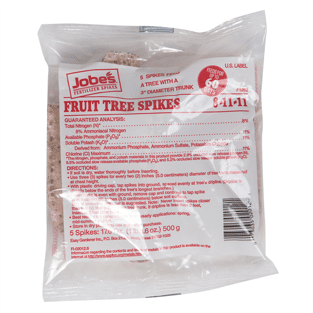 A package of Jobe's Fruit Tree Spikes fertilizer, with product information and branding visible.