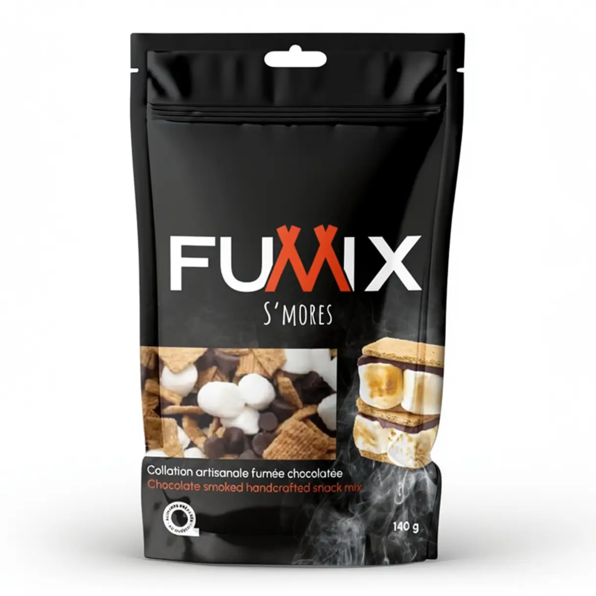 a black package of fumix smores with an image of mixed salty snacks and a smore with the package against white background