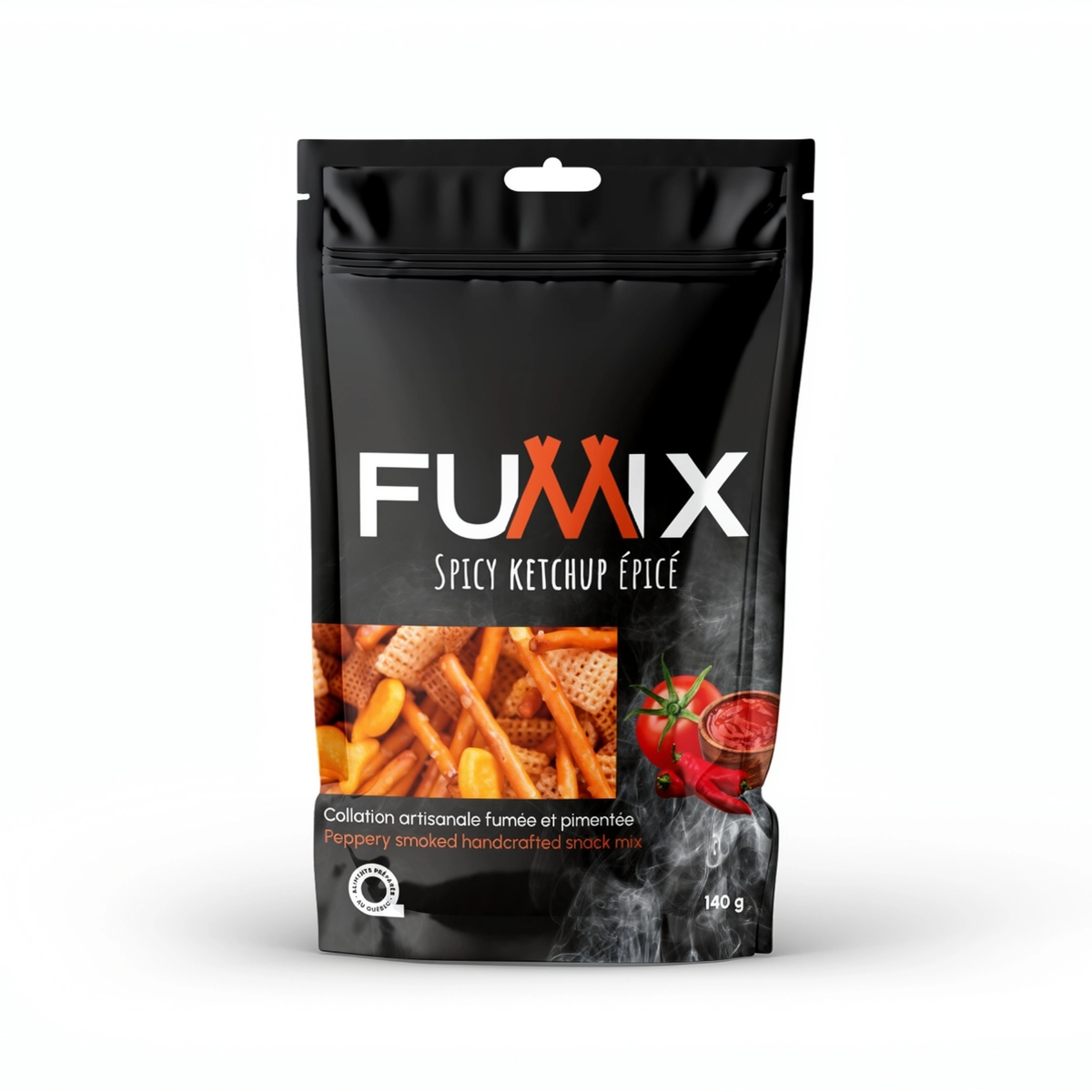 a black package of fumix spicy ketchup with an image of mixed salty snacks and a bowl of ketchup, a tomato and chilli peppers  with the package against white background